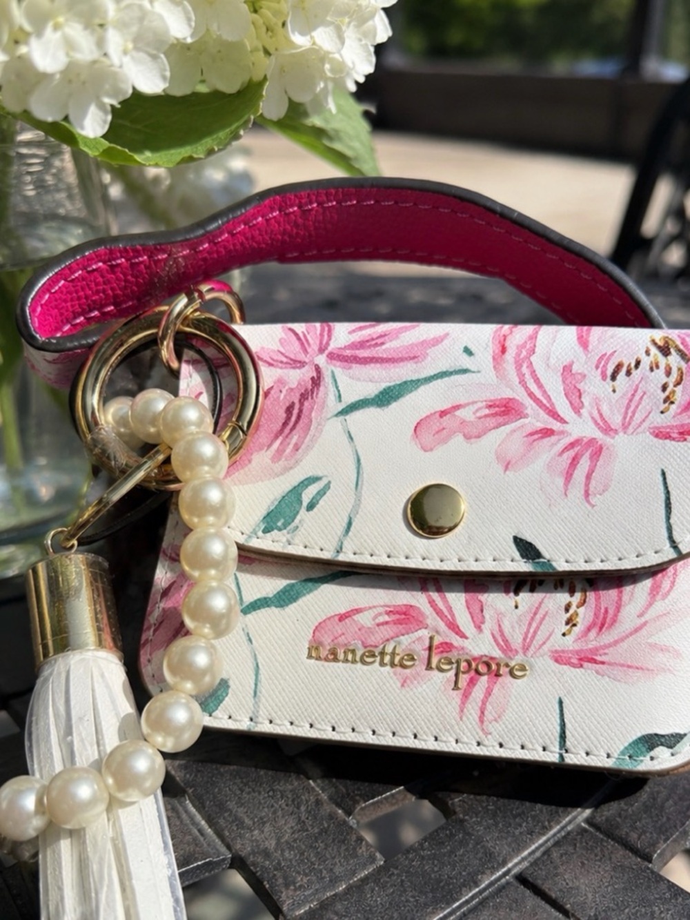 Nanette Lepore White Floral Wristlet Card Holder with Pink Accent